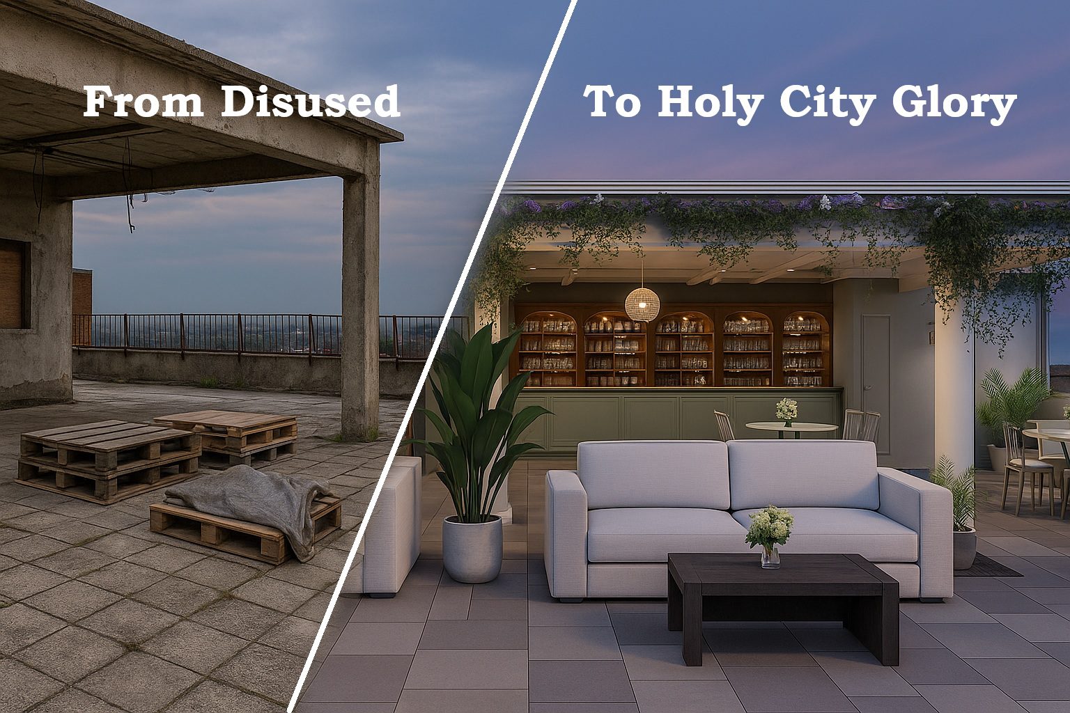 Rooftop Charleston wedding event venue before and after - ai rendering
