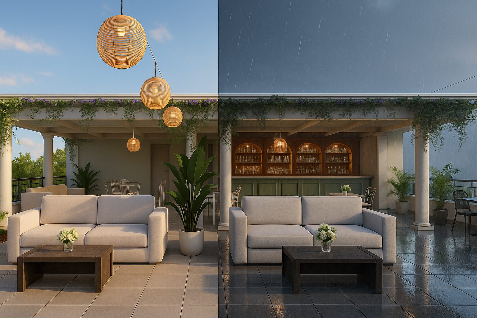 Rainproof weddinge venue - Rooftop wedding venue in the rain - Rain or shine - AI generated